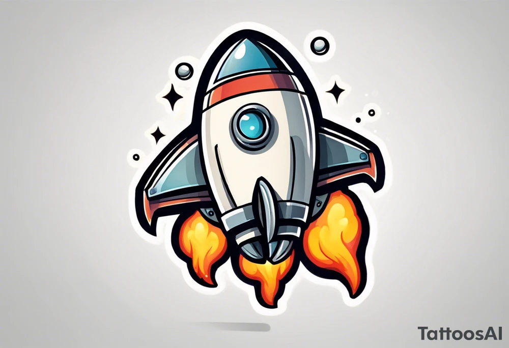 Super simple cartoon rocket ship with a round window, 3 fins, and fire coming out the bottom

Add some shading, color, and detail to make less basic tattoo idea