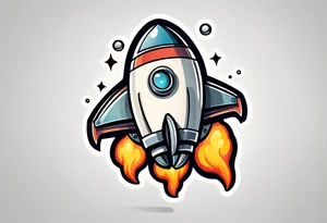 Super simple cartoon rocket ship with a round window, 3 fins, and fire coming out the bottom

Add some shading, color, and detail to make less basic tattoo idea