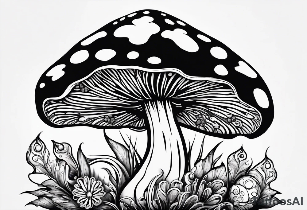 Large Shaggy cap mushroom dripping ink off cap with 4 smaller mushrooms around it mandala henna black tattoo design tattoo idea
