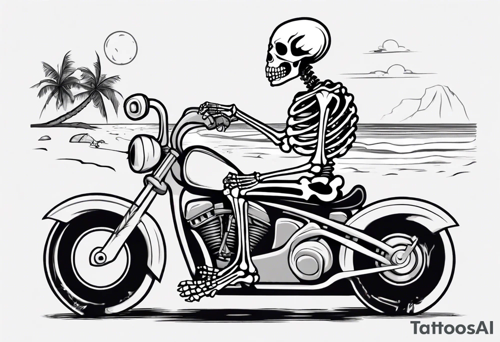 A skeleton sitting on a motorcycle on the beach drinking a beer tattoo idea A skeleton sitting on a motorcycle on the beach drinking a beer tattoo idea