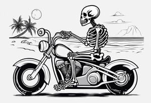 A skeleton sitting on a motorcycle on the beach drinking a beer tattoo idea
