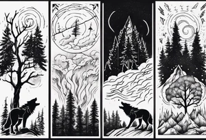 lightning storm over a forest with a distant wolf howling tattoo idea
