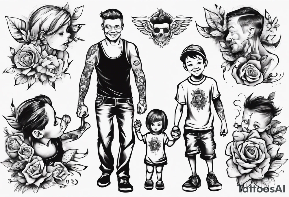 dad and kids, a boy and a girl tattoo idea