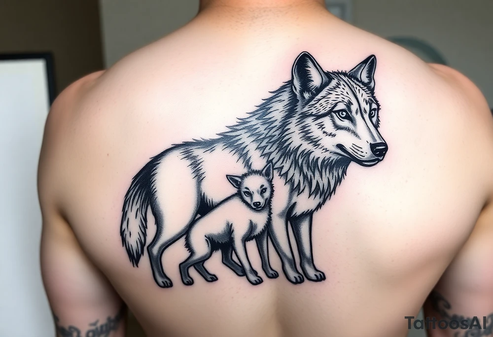 A solitary yet sublime and noble wolf and its progeny. tattoo idea