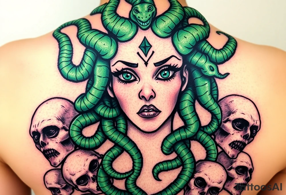 A detailed Medusa portrait with emerald-green serpents, her gaze hypnotic, surrounded by shattered stone faces of her victims tattoo idea