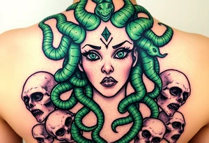 A detailed Medusa portrait with emerald-green serpents, her gaze hypnotic, surrounded by shattered stone faces of her victims tattoo idea