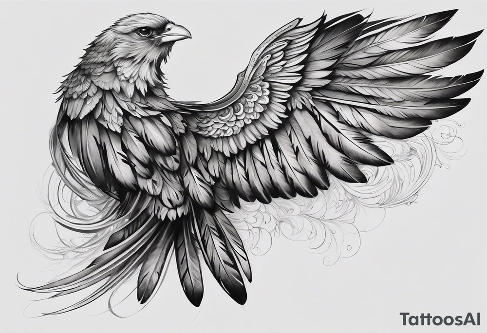 wings extending from the shoulders, covering the upper arms and upper back. The feathers are intricately detailed, with soft shading in black and gray to create depth and texture. The wings gently converge in the middle of the back, forming a harmonious and cohesive design. tattoo idea