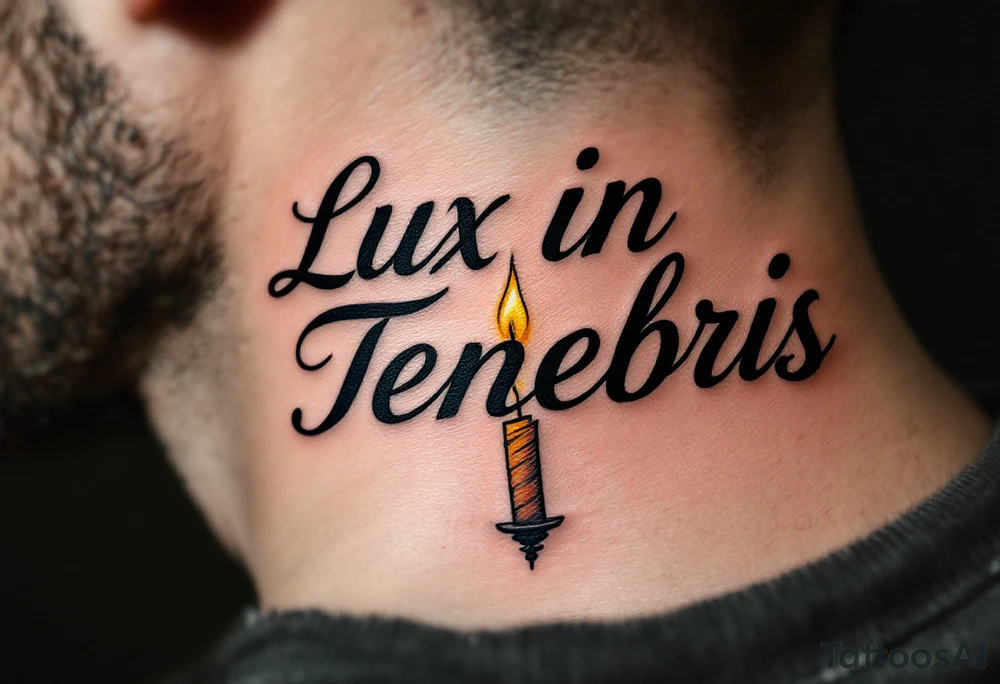 "Lux in Tenebris" (Light in darkness), floating above a burning candle, with cursive serif text and warm golden yellow and soft charcoal contrast. tattoo idea