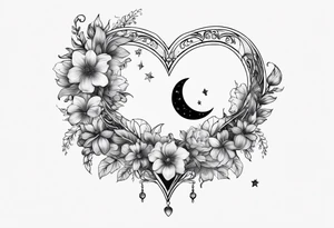 Crescent moon with a heart inside, shrouded by beautiful flowers with wisps of mist tattoo idea