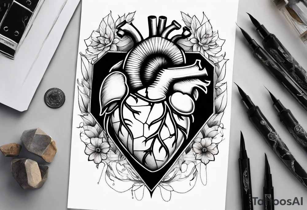 hexagon chest heart tattoo idea
