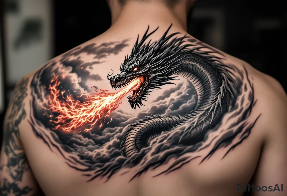 fierce dragon breathing iridescent fire against stormy skies tattoo idea