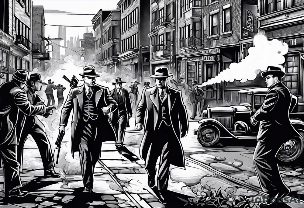 untouchables style gangsters fighting on a 1930s city street, Al capone, bugsy segal, bonnie and clyde, include machine guns, smoke and fire tattoo idea