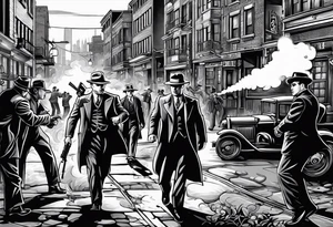 untouchables style gangsters fighting on a 1930s city street, Al capone, bugsy segal, bonnie and clyde, include machine guns, smoke and fire tattoo idea
