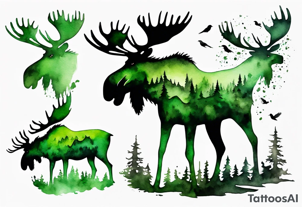 a giant green mossy moose covered with shadow birds tattoo idea
