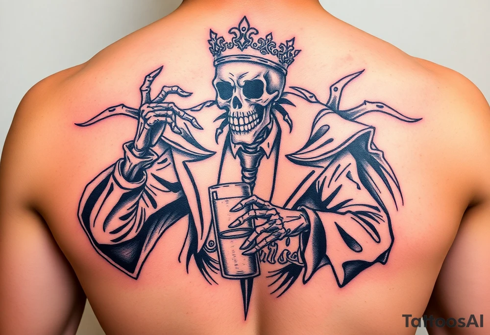 evil skeleton king in clothes getting drunk tattoo idea