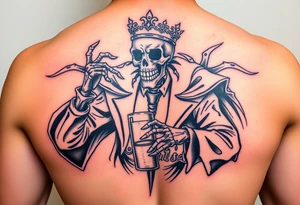 evil skeleton king in clothes getting drunk tattoo idea