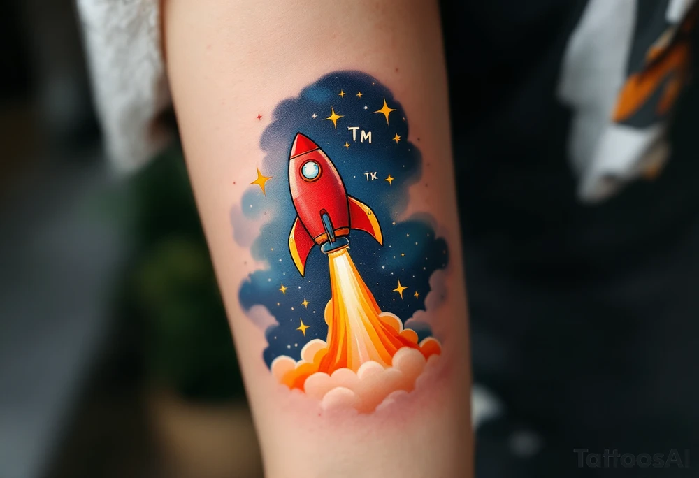 A playful rocket ship blasting off in vibrant reds and oranges, trailing stars that form the son’s initials TM in the sky. tattoo idea