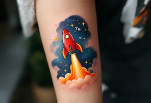 A playful rocket ship blasting off in vibrant reds and oranges, trailing stars that form the son’s initials TM in the sky. tattoo idea