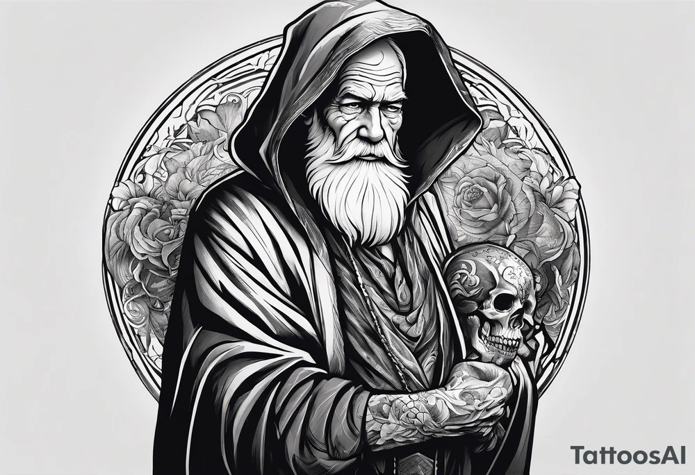 old man in cloak wrestling with a skeleton tattoo idea