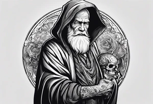 old man in cloak wrestling with a skeleton tattoo idea
