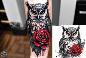 Forearm tattoo Color one Owl with red roses tattoo idea