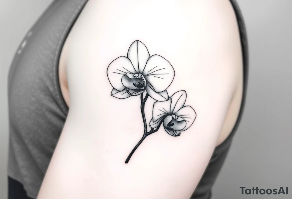 A delicate, black and white fine-line tattoo for make, featuring a gracefully detailed orchid stem with two flowers in full bloom, with soft, intricate petals and elegant curves tattoo idea