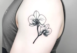 A delicate, black and white fine-line tattoo for make, featuring a gracefully detailed orchid stem with two flowers in full bloom, with soft, intricate petals and elegant curves tattoo idea