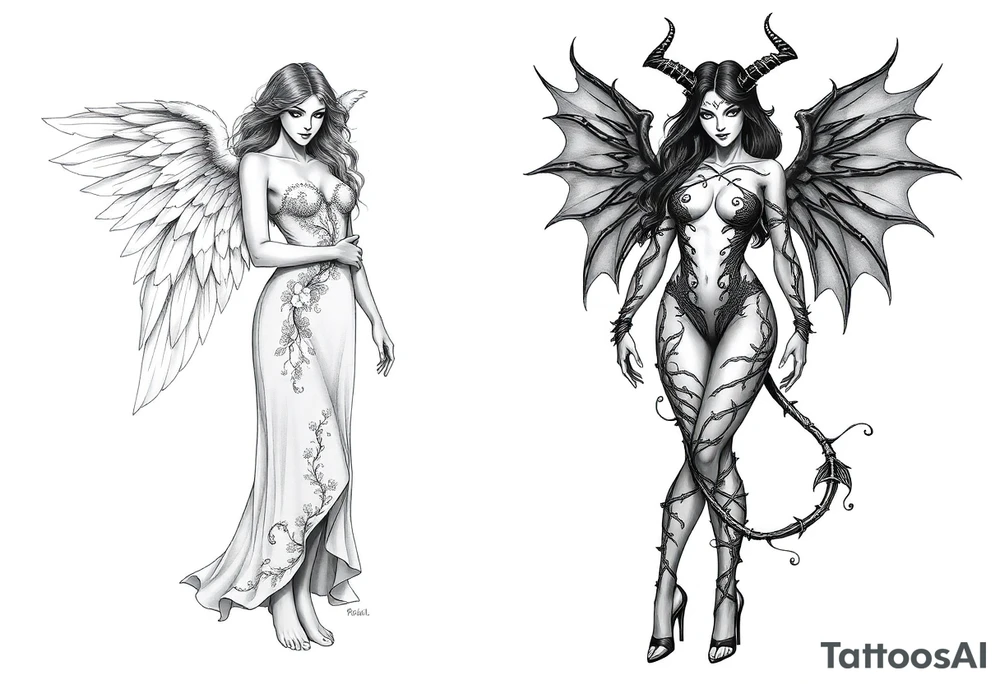 🔥 Dual Tattoo Concept: Angel & Demon – Sexy and Symbolic

Left Side – Angel (Engelin):
A sensual, barefoot angelic woman with soft, flowing hair and serene, open eyes gazes downward with calm strength. Her wings are large, feathered, and gracefully arched. She wears an elegant gown made of delicate, nature-like textures, blending floral and leaf motifs across her bodice and arms. The long dress flows like wind-swept silk, giving a sense of movement and grace. Her posture exudes calm power and divine femininity. She is barefoot, standing lightly as if floating—symbolizing purity, serenity, and grounded spirituality.

Right Side – Demoness (Teufelin):
A striking, seductive demoness with high heels and a confident stance radiates dark power and fierce sensuality. Her body is wrapped in an organic, flame- and thorn-like armor that clings to her form. Her skin appears almost sculpted with dark ornamental patterns. She has sharp horns, long hair, bat-like wings with torn edges, and a long, sinuous tail curling around her leg. Her expression is bold and alluring, eyes closed as if relishing her power. She stands tall in spiked heels, embodying chaos, desire, and strength.

⸻

🌓 Tattoo Style Suggestions:
	•	High-detail black-and-grey realism
	•	Placement: back piece, thighs, or dual shoulder blades
	•	Themes: Good vs Evil, Light vs Dark, Feminine Duality, Temptation vs Grace tattoo idea