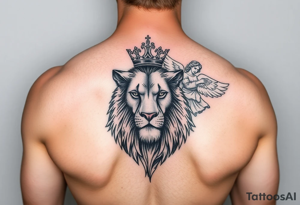Lion with crown and an angel on forearm tattoo idea