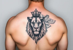 Lion with crown and an angel on forearm tattoo idea