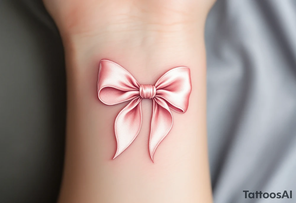 An elegant satin bow tattoo, tied in a perfect knot. The bow is rendered in a soft blush pink with gentle highlights, creating a realistic silk-like sheen. Subtle shadows add depth, making the fabric appear delicately folded. The knot at the center is slightly darker, emphasizing its structure and strength. tattoo idea