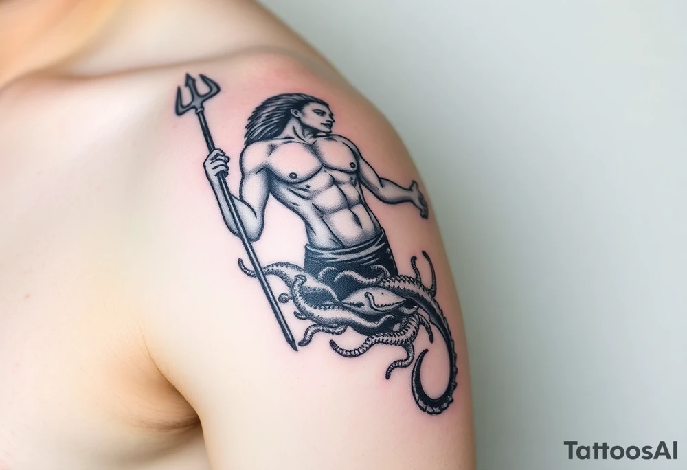 Arm tattoo with a young poseidon showing torso with the trident and lower down sea creatures swirling around him tattoo idea