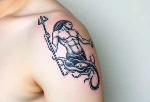 Arm tattoo with a young poseidon showing torso with the trident and lower down sea creatures swirling around him tattoo idea
