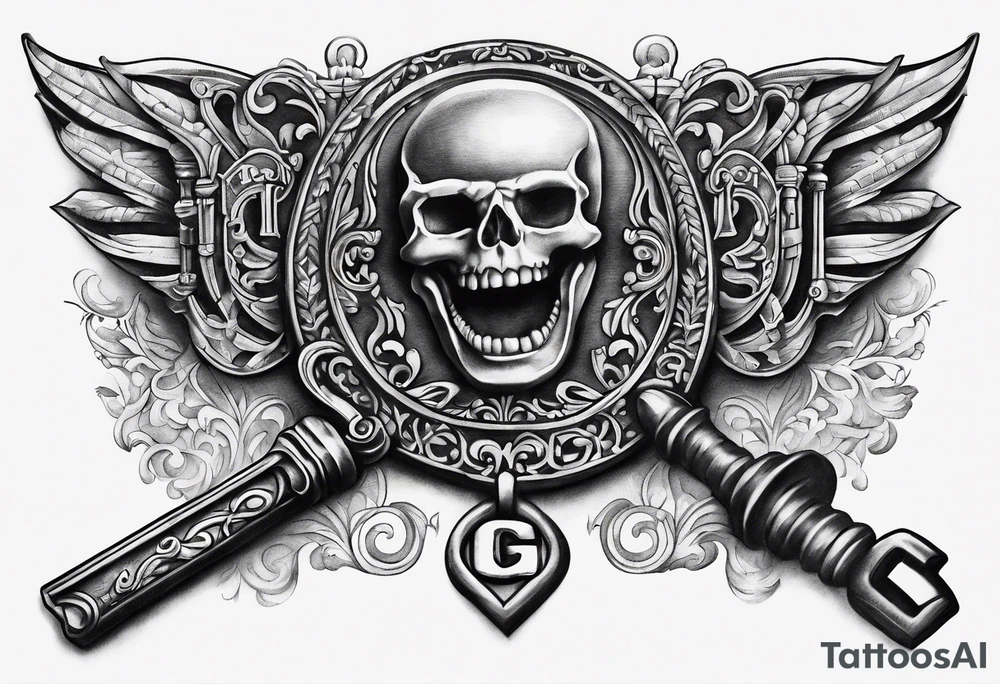 Antique key with alphabet letters as it's teeth tattoo idea
