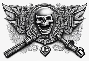 Antique key with alphabet letters as it's teeth tattoo idea