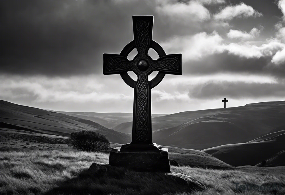 A monochromatic scene of a stone Celtic cross standing tall against a windswept hill. The intricate designs etched into the cross are starkly contrasted against its weathered, black surface. At the arm of the cross, a large raven perches elegantly, its ebony feathers seemingly absorbing the light. The bird's piercing eyes are fixed on something beyond the viewer's sight, lending an air of mystery to the already enigmatic monument. The surrounding landscape is desolate and barren, with the occasional tuft of brown grass struggling to survive the harsh elements. A veil of fog hovers just above the ground, adding to the eerie atmosphere and further isolating the cross from the world around it. The image evokes a sense of timelessness and the enduring strength of Celtic heritage, even in the face of the relentless march of time. tattoo idea