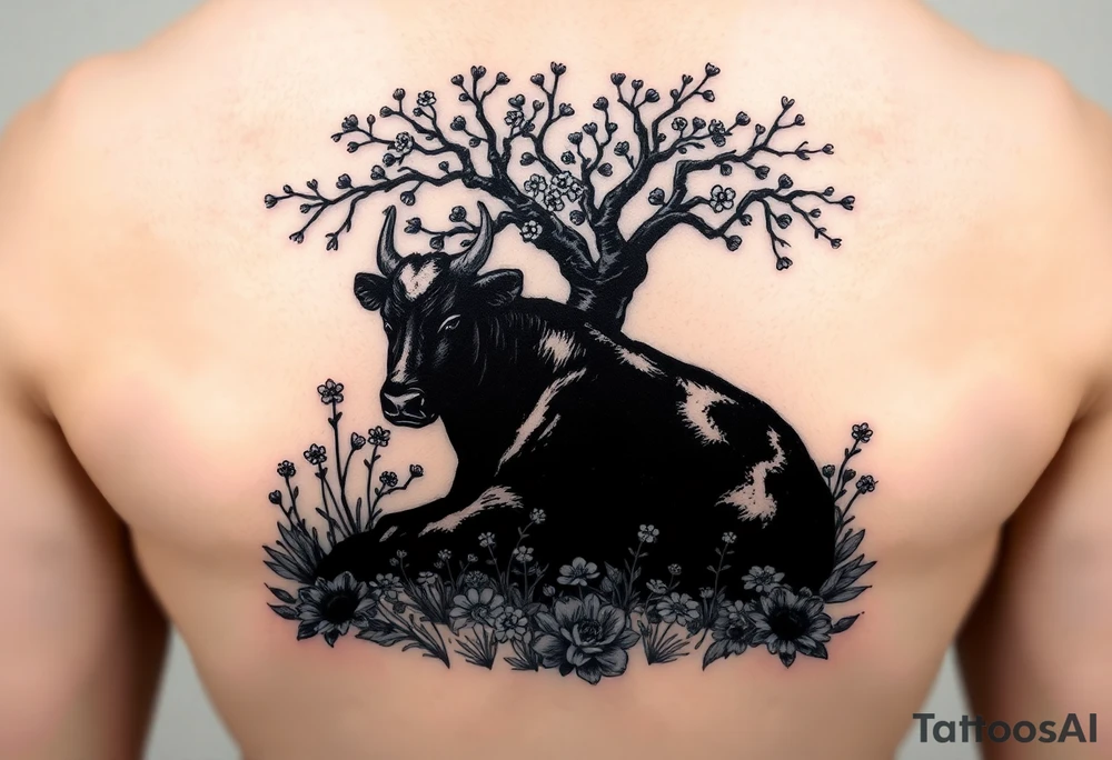 Black and white silhouette of Ferdinand the bull sitting under the cork tree in a field of flowers with pops of color and gothic flourishes tattoo idea