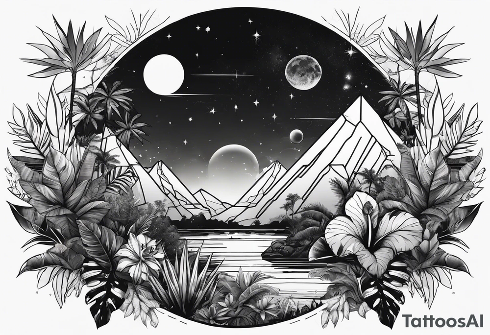aesthetic line art design of space and jungle tattoo idea