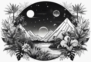 aesthetic line art design of space and jungle tattoo idea