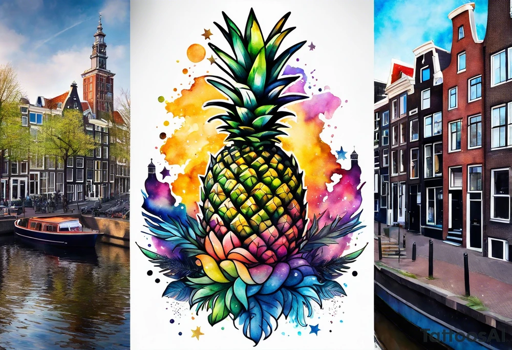 watercolour tattoo, stag in shape of pineapple, Amsterdam, Amsterdam buildings, Amsterdam canal, space colours, galaxy colours, pineapples tattoo idea