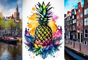 watercolour tattoo, stag in shape of pineapple, Amsterdam, Amsterdam buildings, Amsterdam canal, space colours, galaxy colours, pineapples tattoo idea