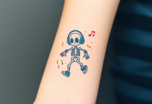 Cute skeleton with dreamy eyes jumping rope with blue headphones blue armbands blue sneakers and colorful  music notes around his head tattoo idea