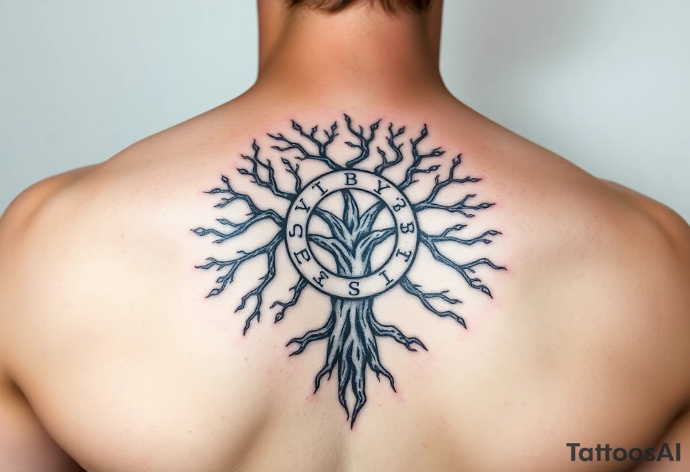yggadrisl tree of life with circle of runes names Jai, Phoebe, Imogen, Matilda on four branches tattoo idea
