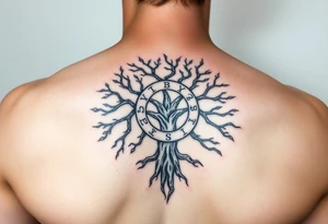 yggadrisl tree of life with circle of runes names Jai, Phoebe, Imogen, Matilda on four branches tattoo idea