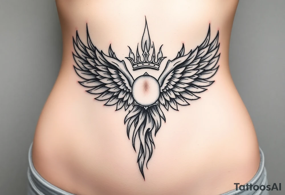 large blazing wing surrounded by fire. with a crown of fire tattoo idea