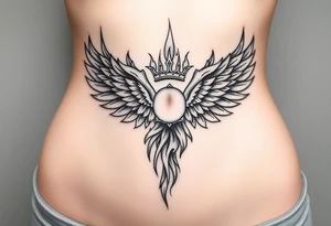 large blazing wing surrounded by fire. with a crown of fire tattoo idea