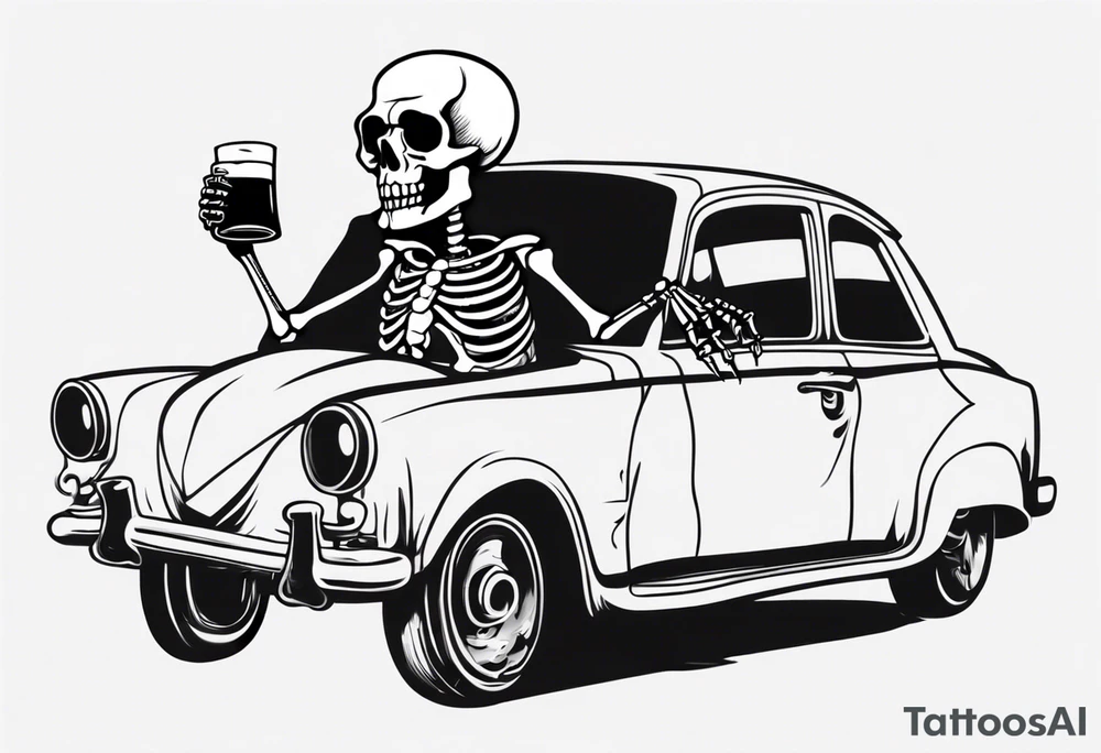 A skeleton sitting in a car drinking a beer and smoking tattoo idea