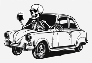 A skeleton sitting in a car drinking a beer and smoking tattoo idea