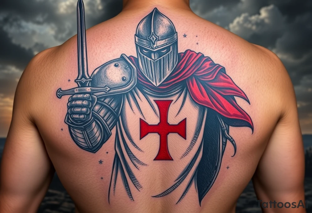 A fierce Templar knight in full armor, gripping a longsword, with a red cross emblazoned on his white tunic, standing against a stormy battlefield. tattoo idea