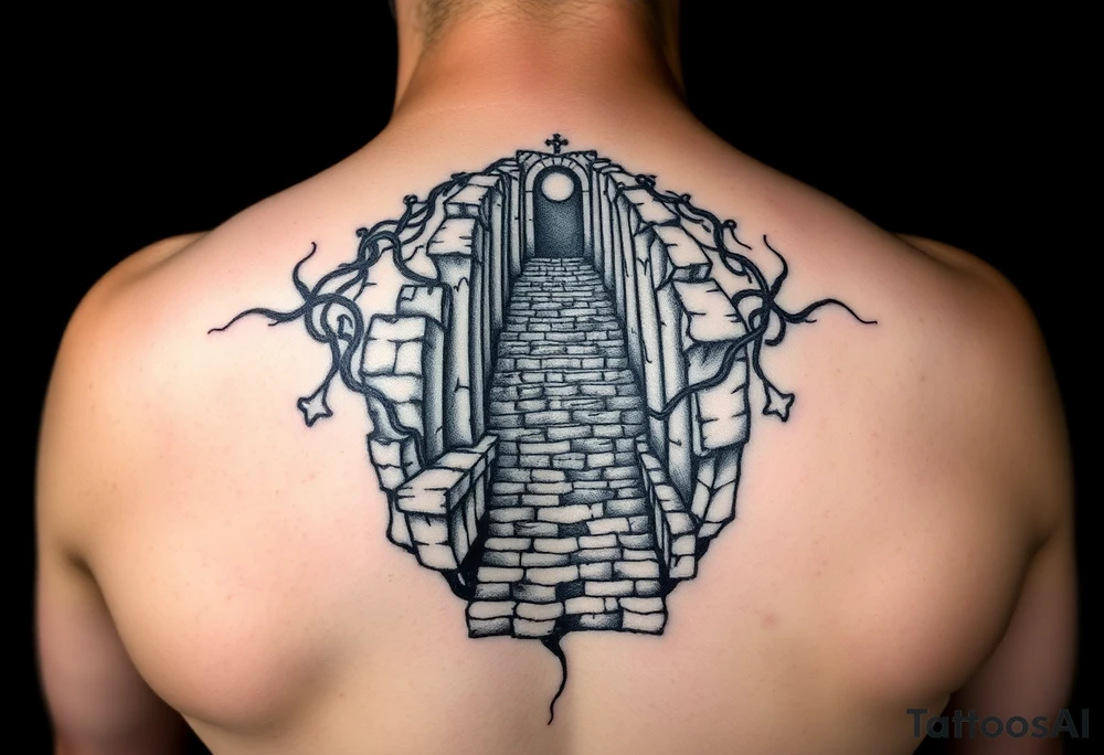 Black and grey sleeve of a labrynth of stairs tattoo idea